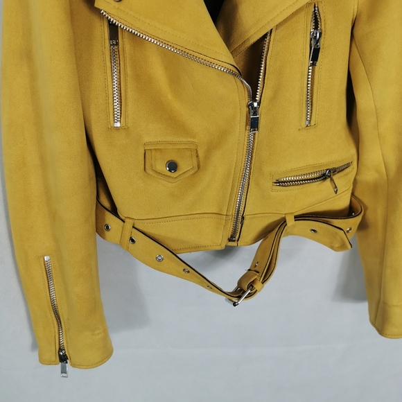Zara Faux Suede Biker Bomber Aviator Jacket Size M 10 12 Yellow Ladies - Picture 5 of 7